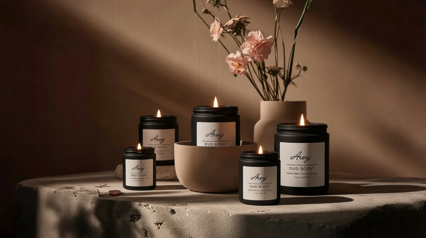 Collection of Areej luxury oud scented candles on a table with a vase of flowers in the background.