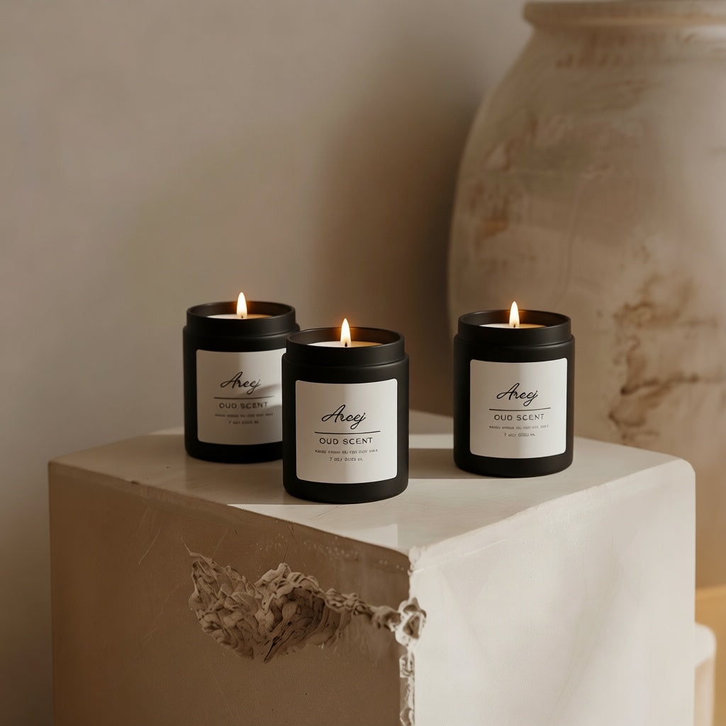 Three lit Areej luxury oud scented candles